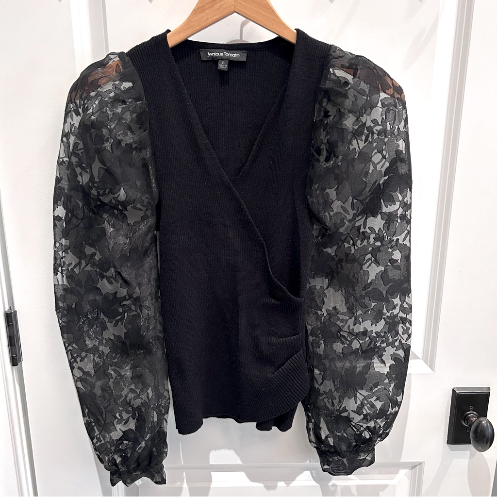 Black Sweater With Lace Sleeves Size Small/Medium V Neckline Great For Party